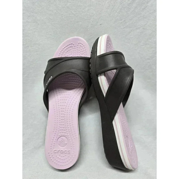 CROCS Cyprus Womens Sz 8 Low Wedge Sandals Brown Pink Criss-Cross Strap Slip On - Picture 11 of 11